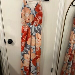 LOFT Women’s Tropical Floral Sundress Maxi Dress Bright Coral Gray EUC Size 0